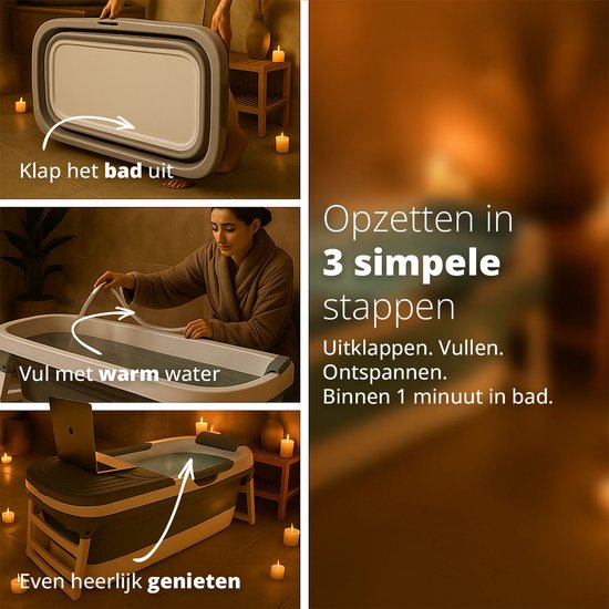 Opzetten van het bad in 3 stappen: uitklappen, vullen met water, ontspannen.