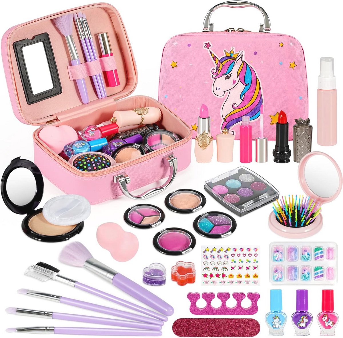 Kindermake-upset voor meisjes - 27-delige wasbare cosmeticaset met koffer voor kinderen