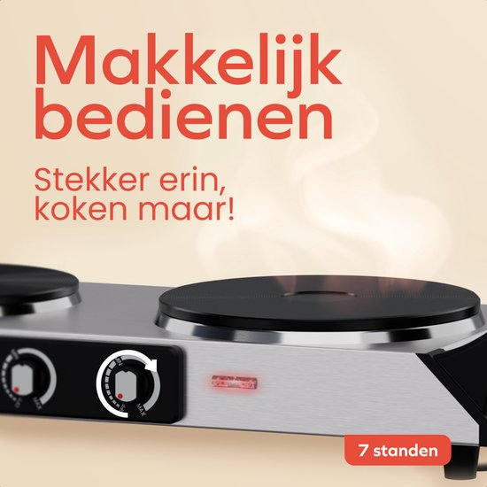 Detail van de dubbele RVS kookplaat met bedieningsknoppen en 7 standen indicator.