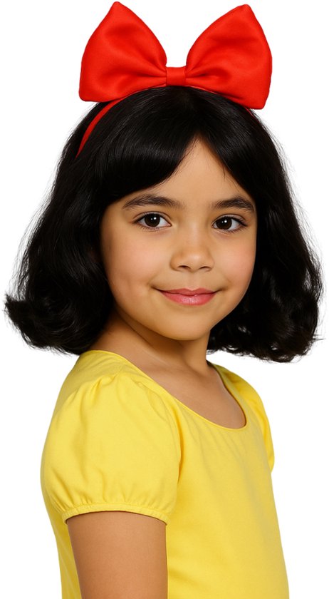 Joya Kids® Zwarte Sneeuw Prinses Pruik Donker Haar met Rode Haarband | Pruik Kinderen Kort Zwart Haar met Strik | Meisjes verkleedpruik Halloween | Prinses Pruik | Prinsessen Pruik