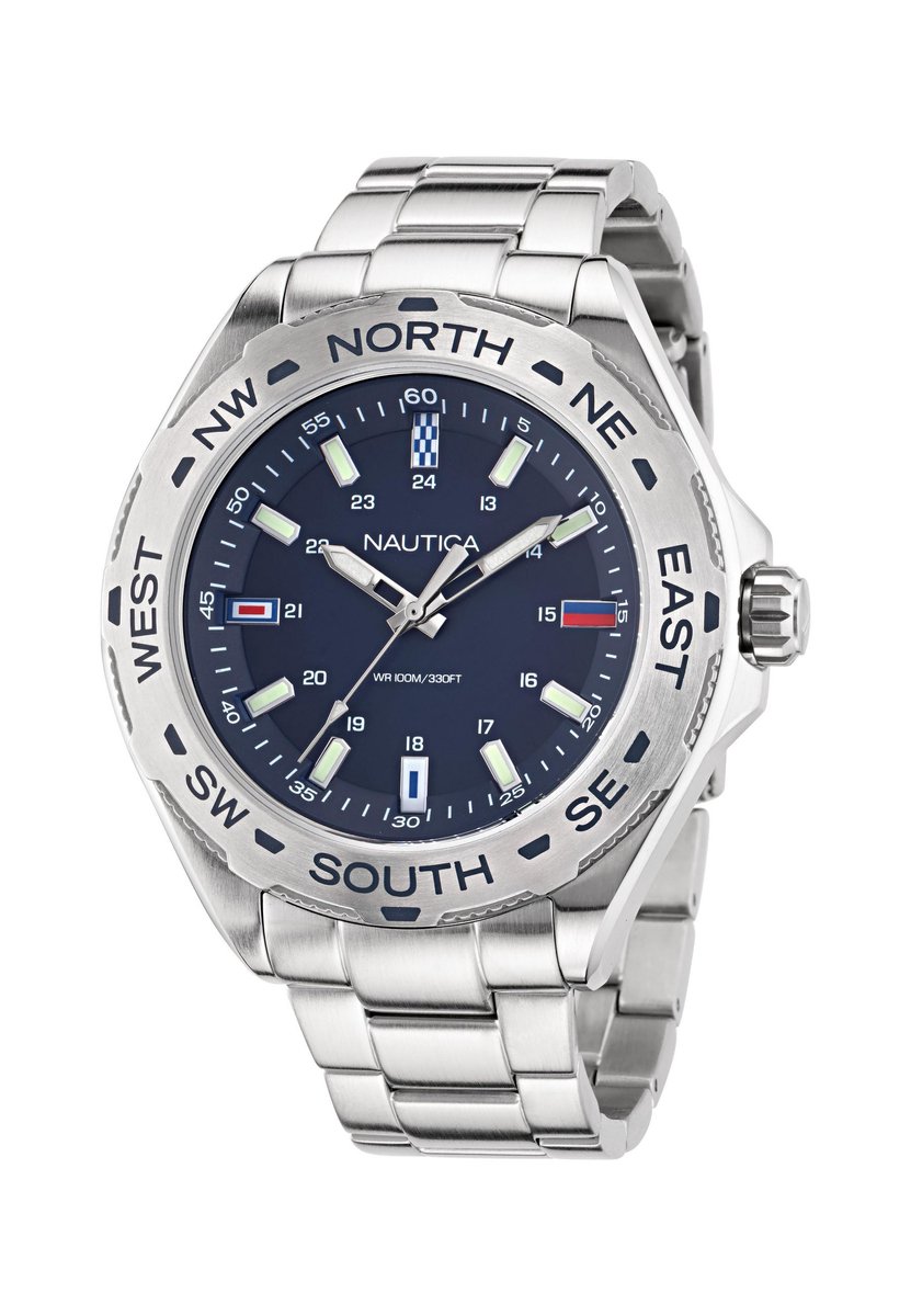 Nautica Clearwater Beach Kwarts Analoog Horloge Zilverkleur Case: 100% Stainless Steel | Armband: 100% Silicone 48 mm NAPCWS304, NAPCWS305