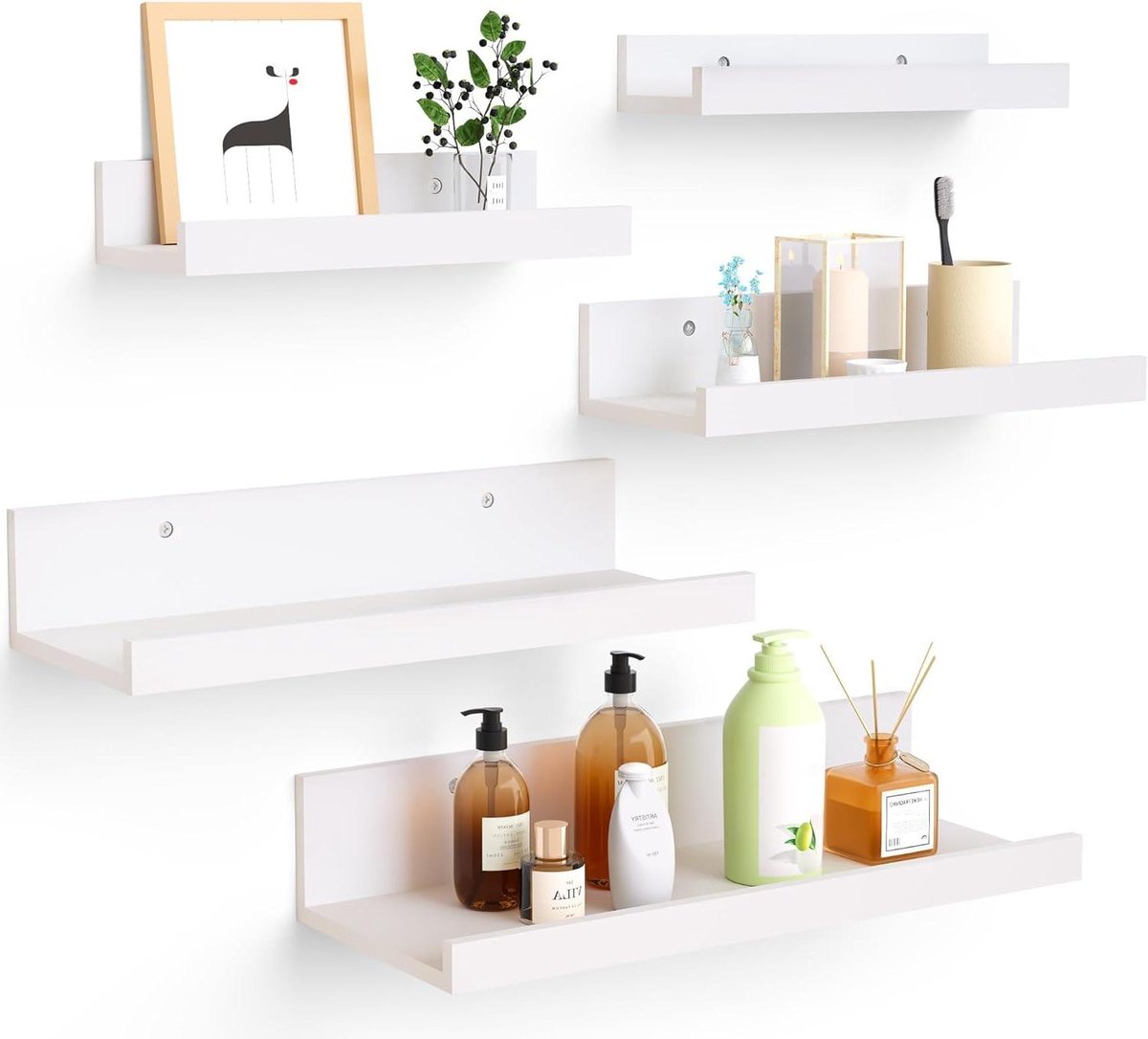 Allecto Premium - Zwevend wandrek met 5 witte planken voor kinderkamer en woonkamer - Fotolijsten - Verschillende maten - Badkamer en keuken - Slaapkamer wandplank in het wit
