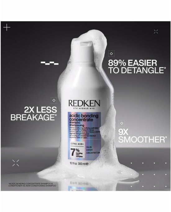Flacon de shampoing Redken entouré de mousse, avec le texte '89% plus facile à démêler' et '2x moins de casse'.