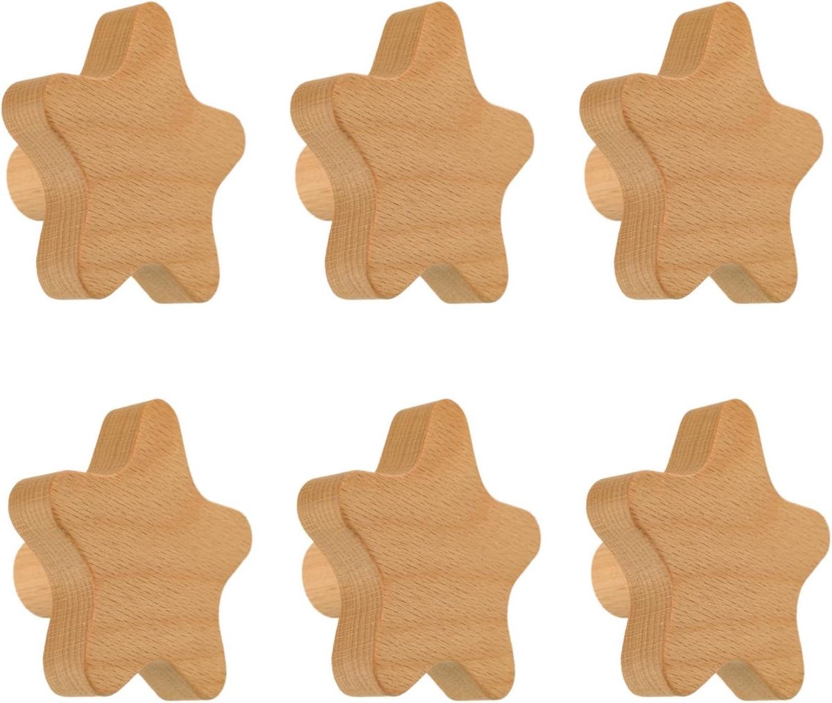 Allecto Premium - 6 Stuks Stervormige Houten Knoppen - Enkele Gat - Beuken Hout - Handvatten voor Kasten - Ladekast Handvat met Stickers