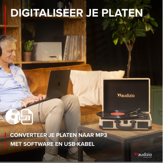 Retro platenspeler met platenkoffer - Audizio RP116LW - Platenspeler Bluetooth - Met speakers - Houtlook — afbeelding 4