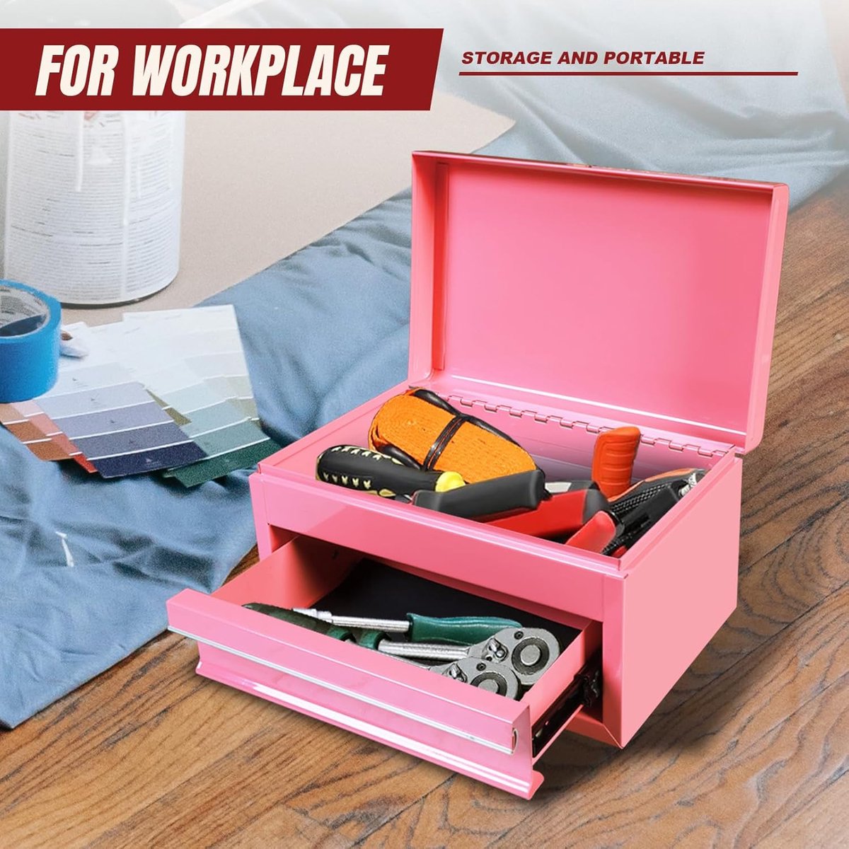RFWR® 10" Mini Draagbare Stalen Gereedschapskist met lade voor Garage en Thuis - Roze — cadeau in Gereedschap - foto 2