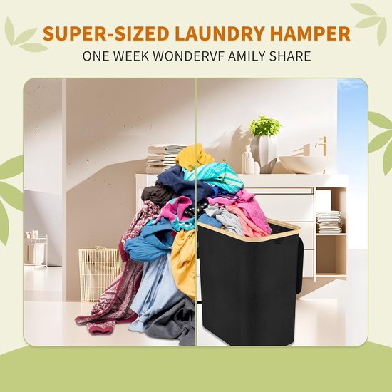 YRHome Wasmand met deksel, 140 liter, 3 vakken, waszak, wasboxen, wassorteerder, wasmandverzamelaar met handgrepen, laundry basket, wasmand voor slaapkamer, grijs