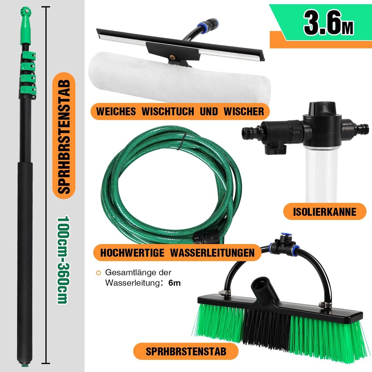 RFWR® Telescopische Borstel met Wateraansluiting - 3,6 m Reinigingsborstel voor Terras en Ramen