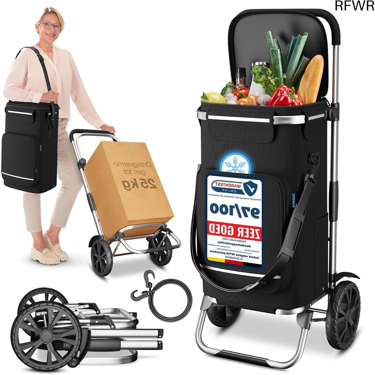 RFWR® Opvouwbare Boodschappentrolley met Koelvak - Multifunctionele 3-in-1 Boodschappenwagentje, Steekwagen en Schoudertas - Ruime 43L Boodschappentas