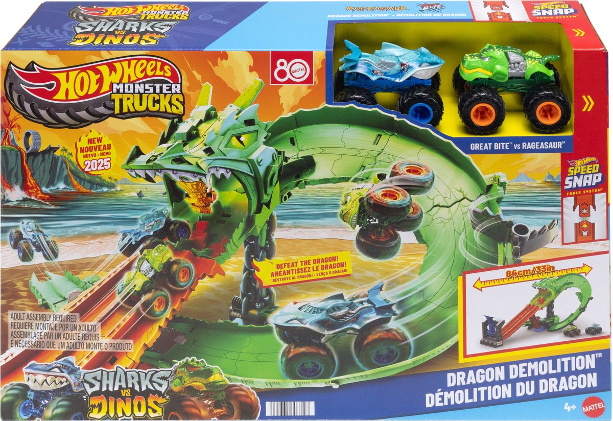 Hot Wheels Monstertrucks - Haaien vs. Dino's Draak Vernietiging Speelset en 2 Speelgoedtrucks — cadeau in Spellen & Speelgoed - foto 2