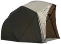 Olijfgroene en beige visbrolly, deels open, op een witte achtergrond.