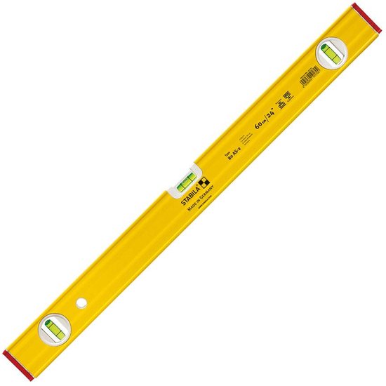 Gele Stabila waterpas 60 cm, schuin van bovenaf gefotografeerd.