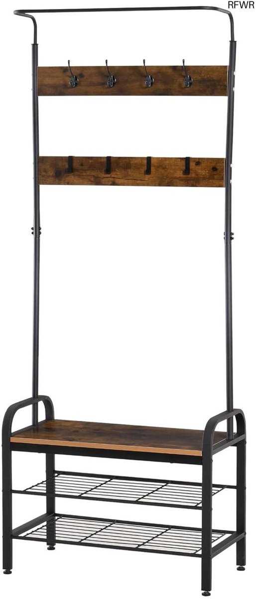 RFWR® Kapstok industriële stijl met haken, kledingstang en schoenenrek voor entree en hal