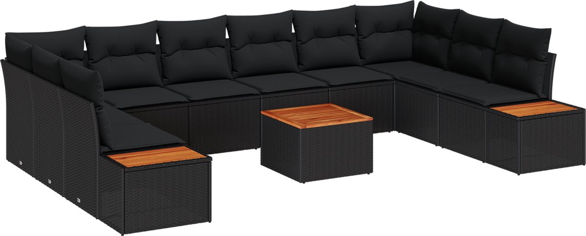 vidaXL - Tuinbank - Set - met - kussen - 11 - pcs - Zwart - Poly - rattan