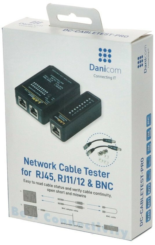 Emballage Danicom DC-Cabletest-PRO avec testeur de câble réseau pour RJ45, RJ11/12 & BNC.