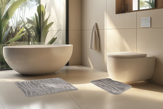 Badmat /tapis de toilette Bari - Set de salle de bain 2 pièces - Lavable - Antidérapant - Argent- 40x50 cm et 50x80 cm