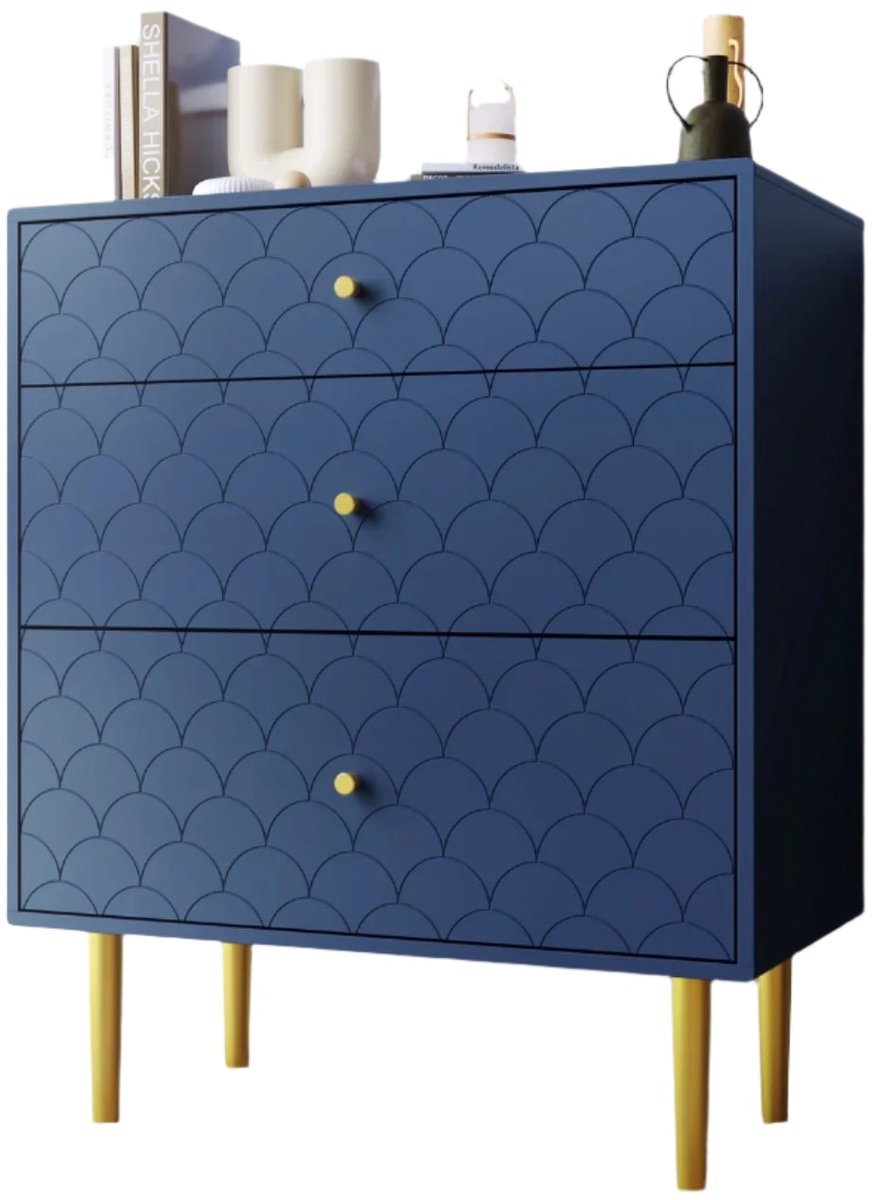 Corenia Nachtkastje – Bedkastje – Opbergkastje – Slaapkamerkast – Vis-Schubpatroon – Drie Lades – Afgeronde Hoeken - Blauw