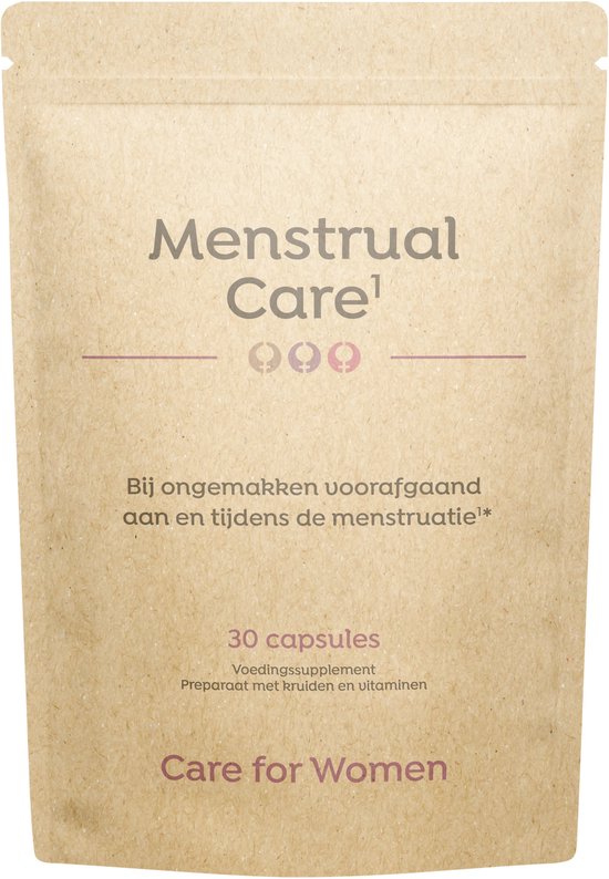 Bruine papieren zak met tekst 'Menstrual Care', '30 capsules', 'Voedingssupplement' en 'Care for Women'.