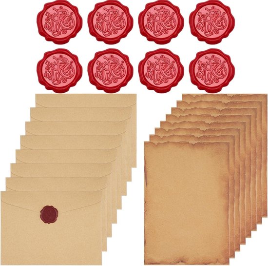 Lot de 24 enveloppes Vintage en papier kraft avec 8 cachets de cire autocollants - Lettre d'amour romantique pour mariage - Ensemble de papier avec enveloppes