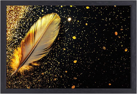 Elegante gouden veer op zwart - Veer canvas kunst - Canvas schilderijen object - Art Deco - Design canvas met baklijst - Stijlvolle wanddecoratie - Canvas met baklijst 100x75 cm