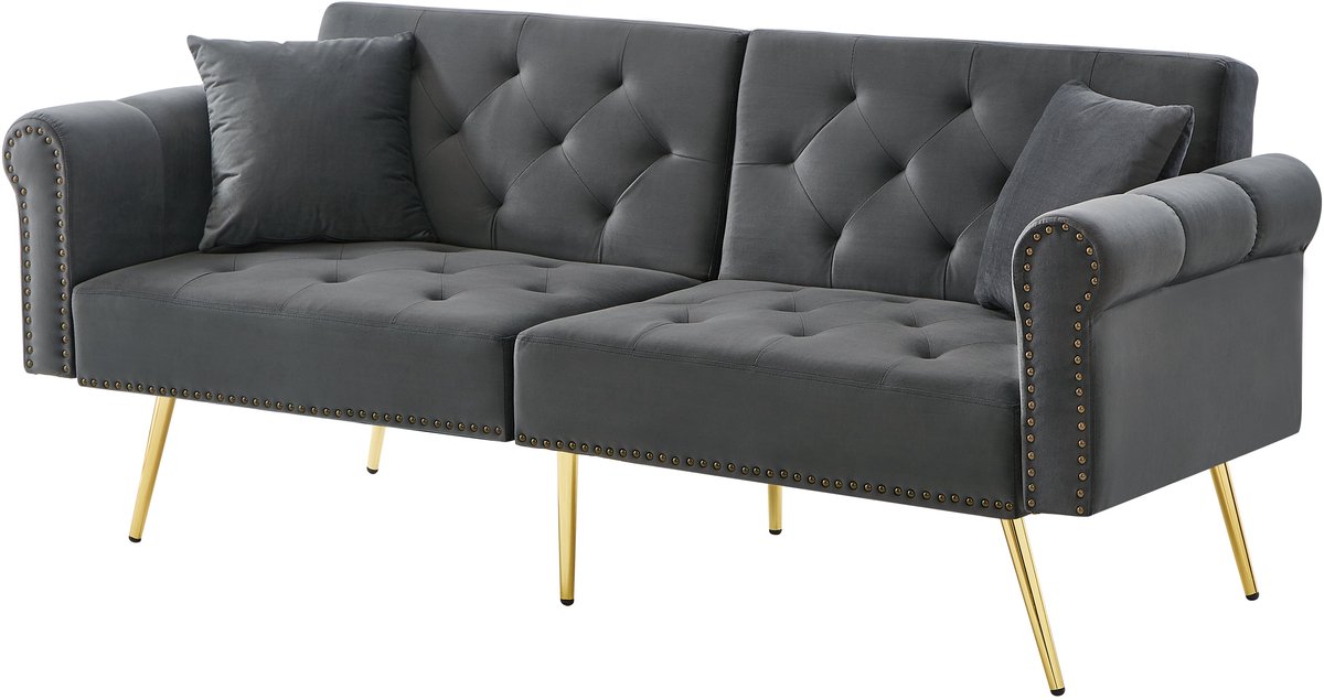 Merax 2 Zits Slaapbank Fluweel Grijs met Verstelbare Rugleuning en Gouden Poten Modern Compact Logeerbed