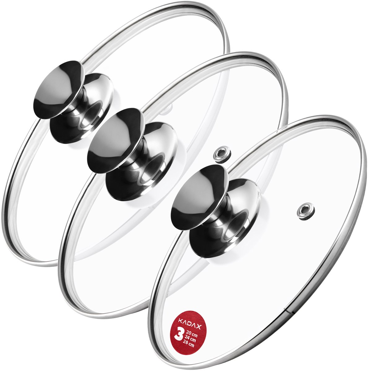 KADAX Pandekselset, universeel deksel van glas met handvat, hittebestendige dekselset in verschillende maten, pannendekselset, glazen deksel voor pot, pan (20 + 24 + 28 cm, zilveren handvat)