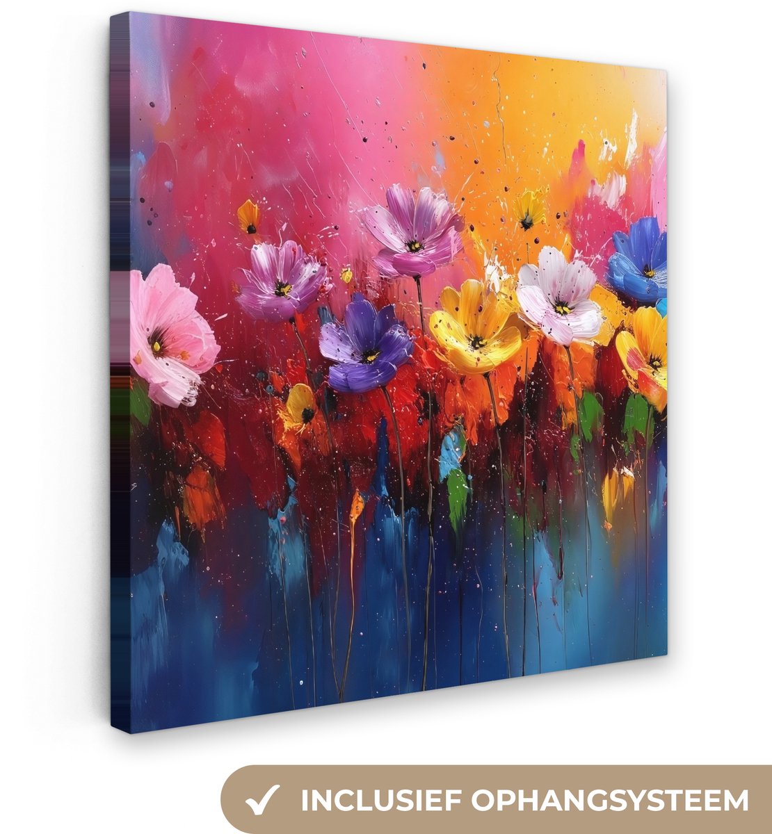 Canvas schilderij 20x20 cm - Exclusieve wanddecoratie Fantasiebloemen - Verf - Speels - Mu