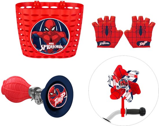 Rode Spiderman fietsmand met Spiderman logo, rode fietsbel met Spiderman logo, rode molen met Spiderman logo, en rode Spiderman handschoentjes.