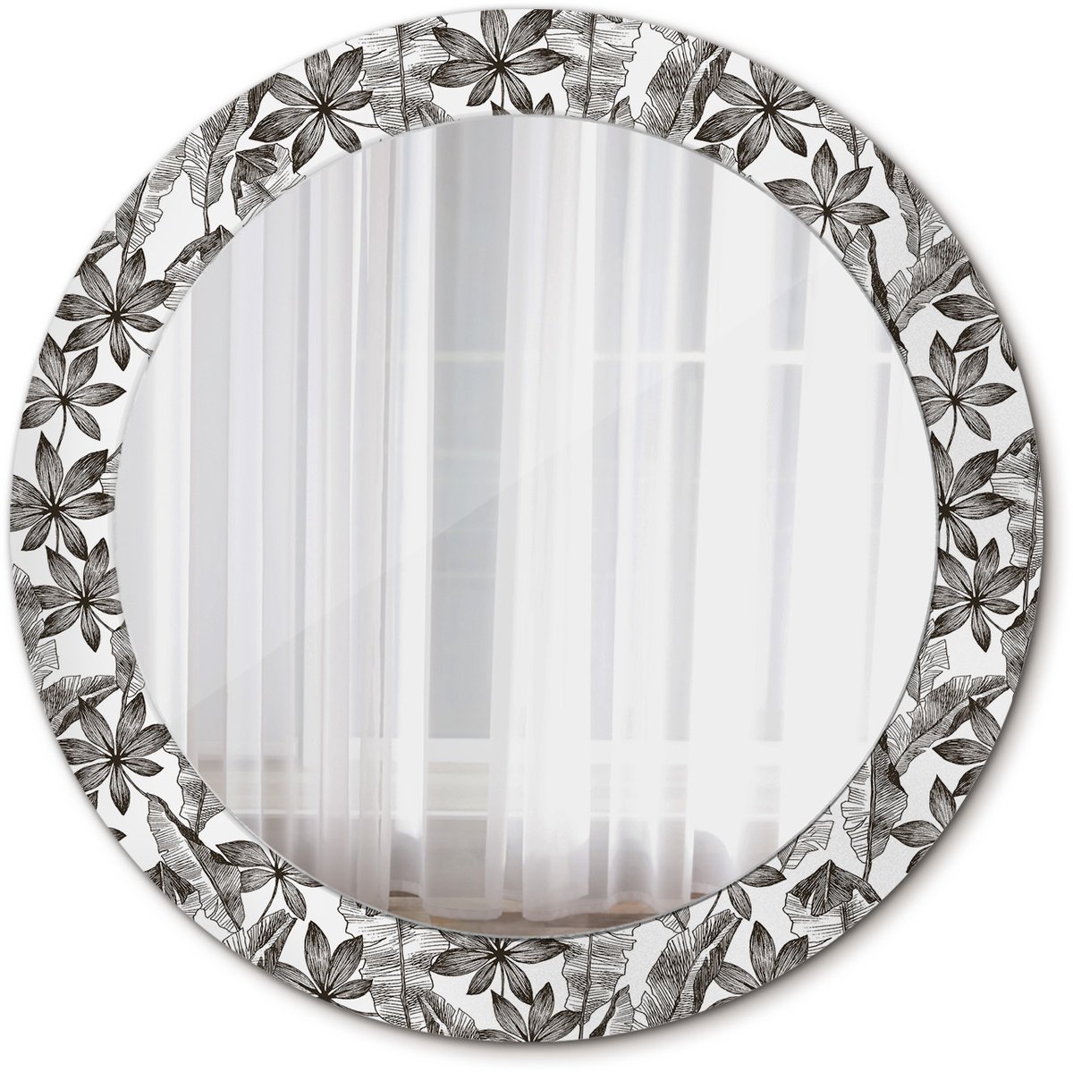 Tulup Spiegel - Spiegel op gehard Glas - Ronde Spiegel - Tropische bladeren - Diameter: 70 cm - Design Spiegel - Slaapkamerspiegel - Badkamerspiegel - Make-upruimte - Kaptafel - Zwart-Witte - Origineel cadeau - Eigеntijds Spiegel - Spiegelmontageset