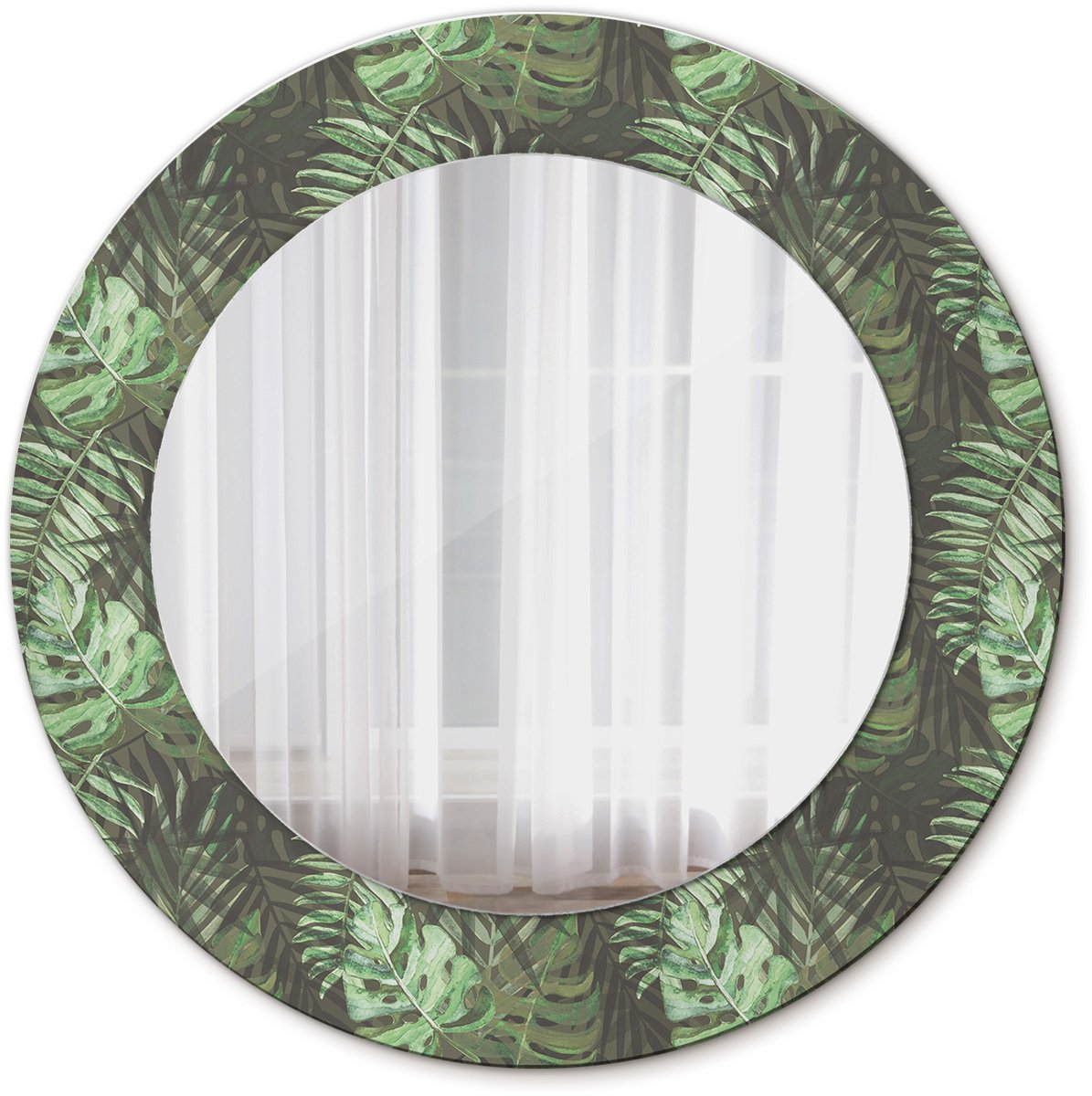 Tulup Spiegel - Ronde Spiegel - Spiegel op gehard Glas - Tropische bladeren - Diameter: 50 cm - Groene - Badkamerspiegel - Gangspiegel - Eetkamer - Spiegel met decoratieve opdruk - Tijdloos Spiegel - Luxe Spiegel - Wandmontage