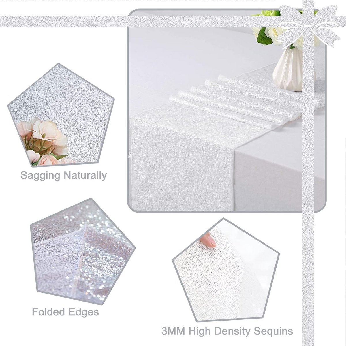 Glitter Tafelloper Wit voor Feestelijke Decoratie - Set van 2