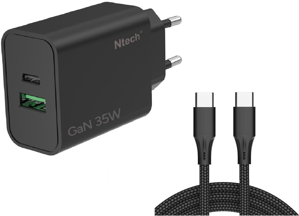 Ntech - USB C Adapter 35W & USB-A 30W - USB C Oplader Zwart - Inclusief USB-C Kabel 1 Meter - USB C Snellader - USB C Lader - Universeel o.a. Telefoons & Laptops