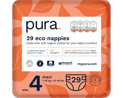 Pura Premium Eco Baby Luiers Size 4 (Maxi 7-18 kg) - 29 stuks - EU Ecolabel - Biologische Katoen - 12 uur Leesbescherming