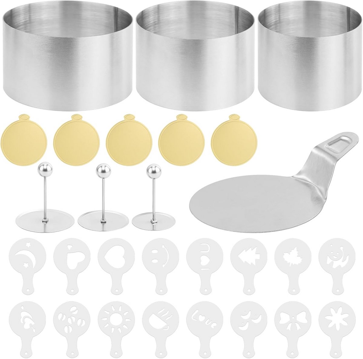 Set 3 roestvrijstalen dessertringen 7 cm met deksels en decoratiesjablonen