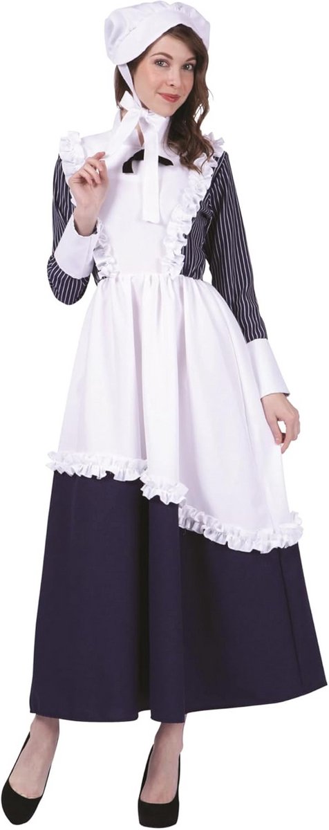 Koloniale Dames Kostuum - Pinstripe Blauw/Wit - Maat M