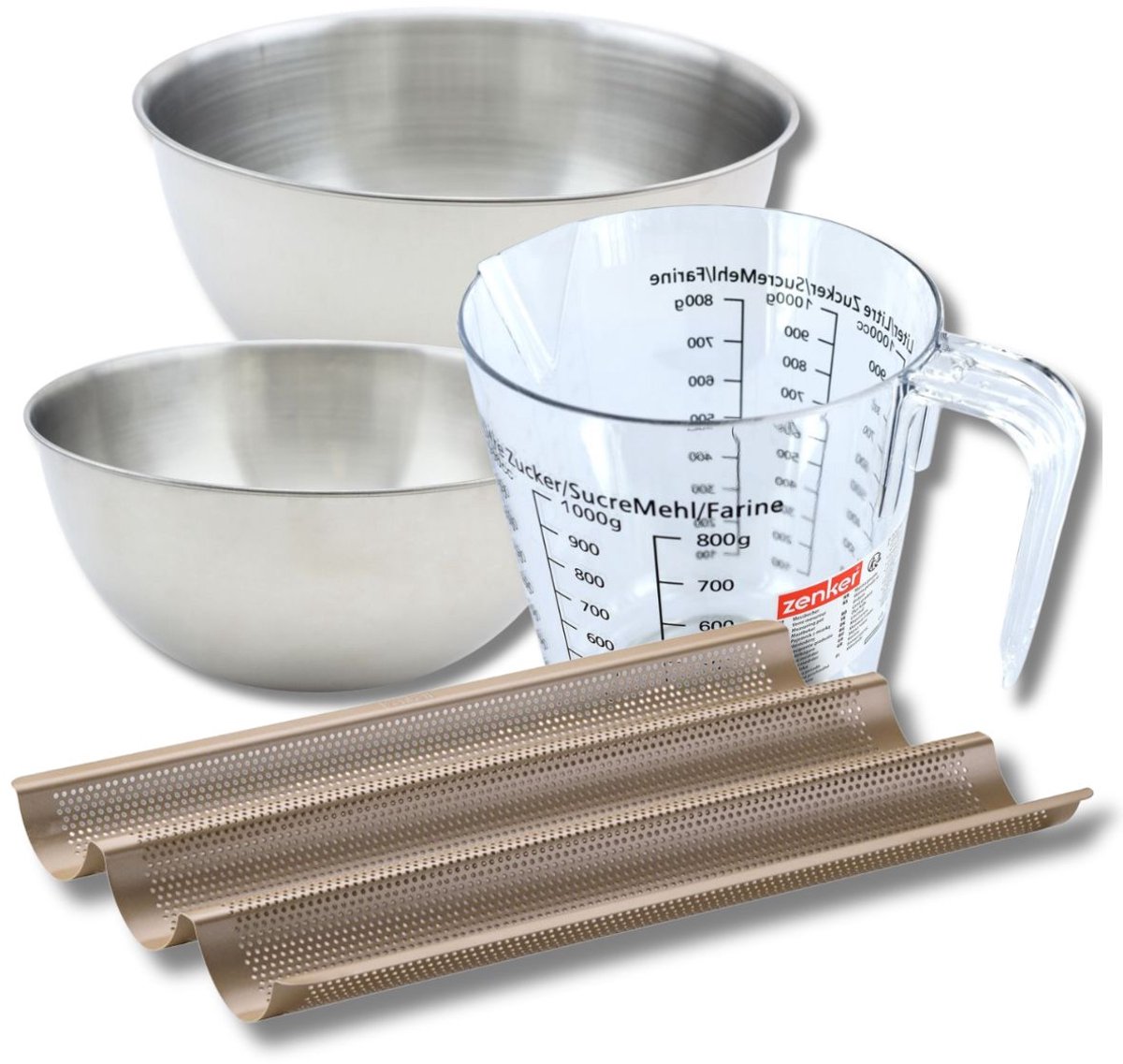 Bakkerijset met geperforeerde bakvorm voor 3 stokbroden 38,5 x 24,6 cm van staal, 2 mengkommen, maatbeker en spatel Zenker