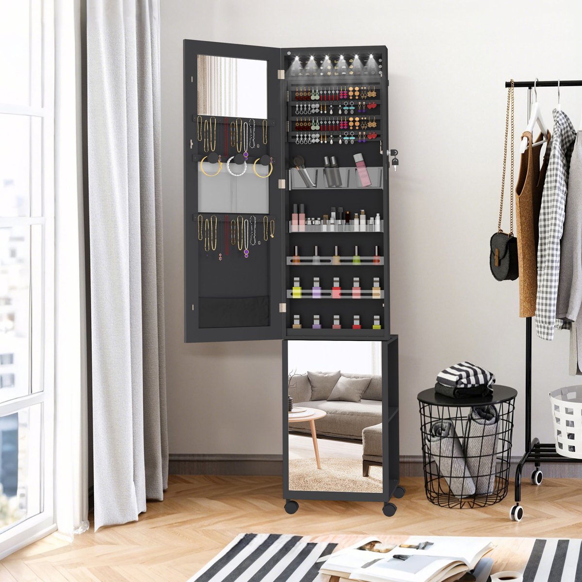 Aufun 2-in-1 Sieraadkast met Spiegel – Vergrendelbaar Met Wieltjes (Zwart) – Make-up & Sieraad Opbergkast