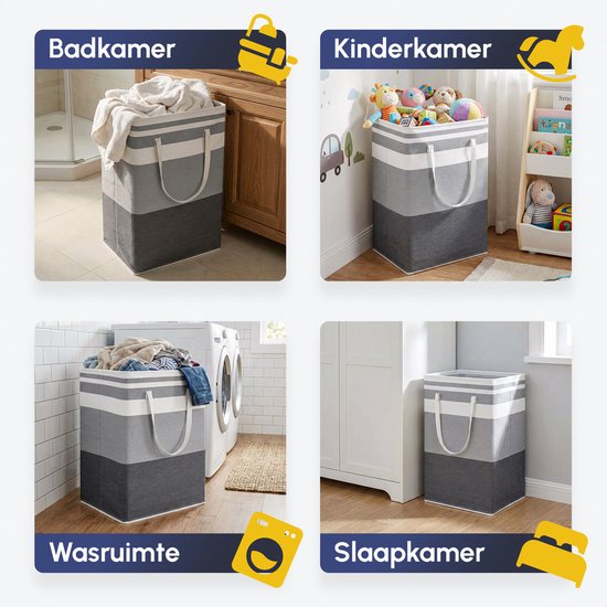 Quatre images du panier à linge gris rayé : dans la salle de bain, la chambre d'enfant, la buanderie et la chambre.