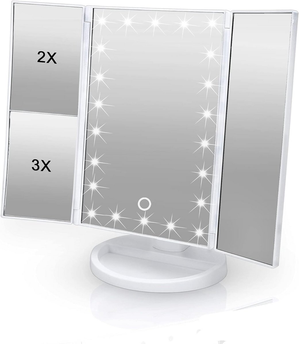 Verlichte Opvouwbare Make-upspiegel met Dimbare LED-Verlichting en 1x/2x/3x Vergroting