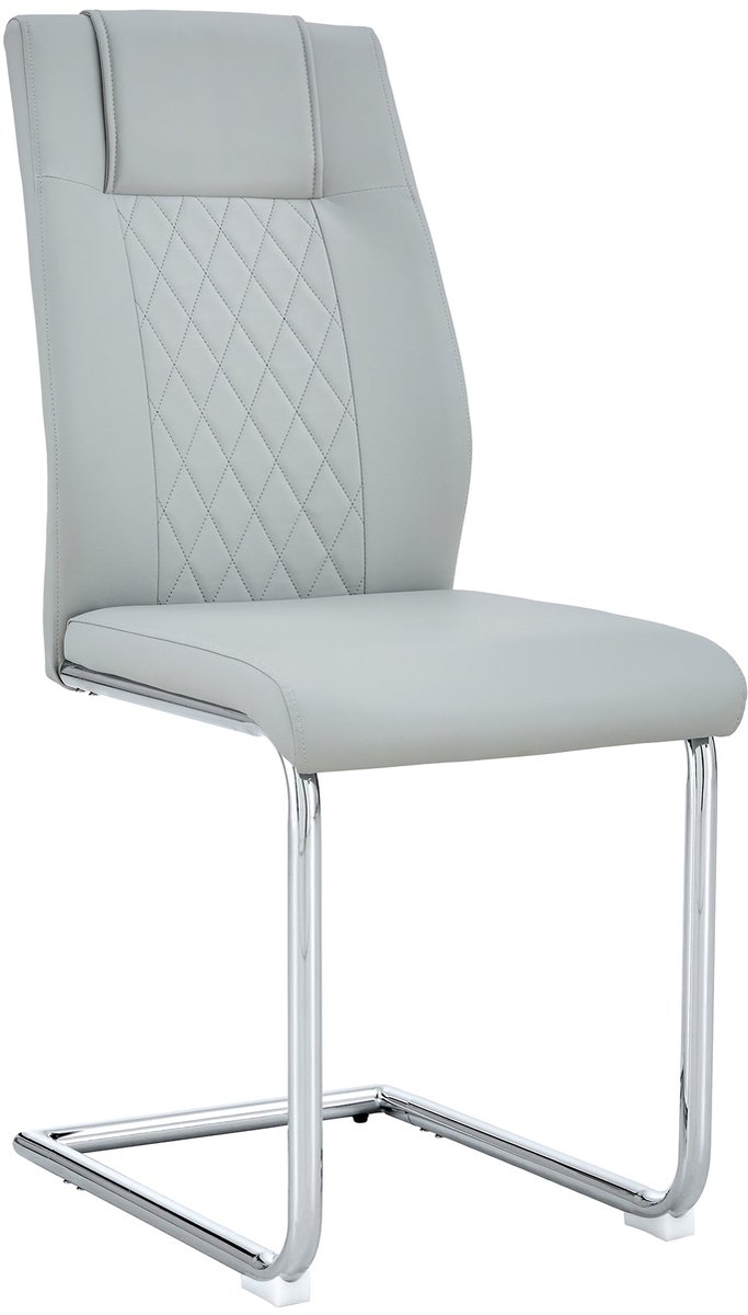 Merax Eetkamerstoelen Set Van 4 - Kunstleer Bekleding - Hoge Rugleuning Met Stikselpatroon - Sledepoot Metalen Onderstel - Antislip Voetjes - Lichtgrijs / Zilver