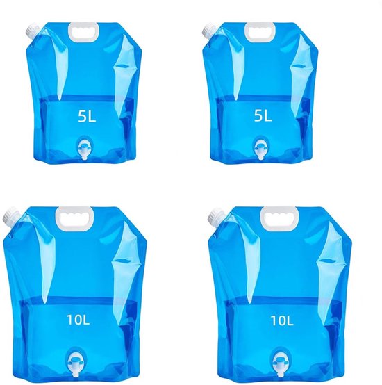 4 stuks - Opvouwbare waterop slagzakken - Met kraan - 5 en 10 Liter - Watercontainer - Noodwaterfles - Campingwaterjerrycan - Watertank - Draagbare waterzak - Noodpakket - Voor buitensporten, kamperen, wandelen, picknick, barbecue - Blauw
