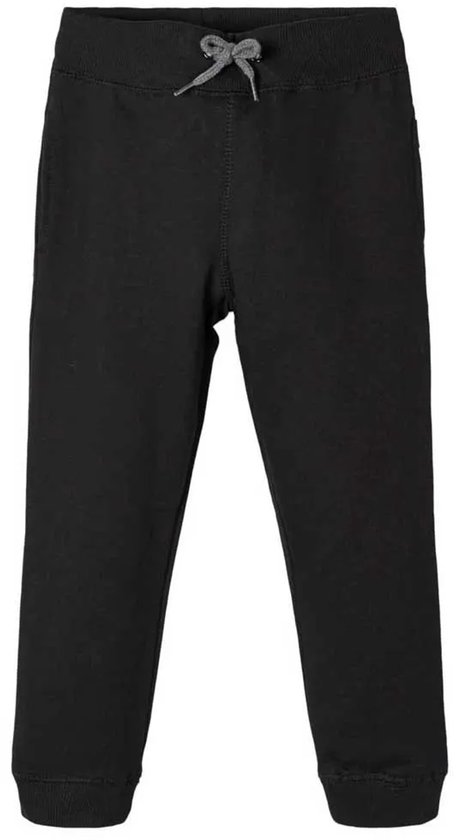 Zwarte joggingbroek met grijze trekkerkoord, steekzakken en elastische manchetten.