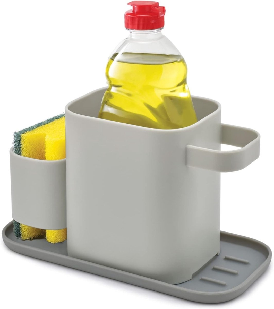 Famanu – Keuken spoelbak organizer met sponshouder, compacte caddy voor aanrecht en gootsteen, grijze uitvoering