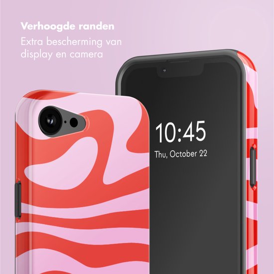 Coque de téléphone rouge et rose à motif ondulé, avec bords surélevés pour la protection.