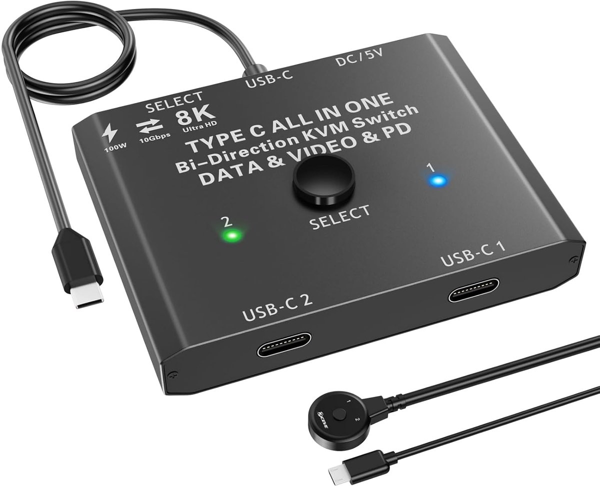 USB-C Switch 2 in 1 Out - USB-C KVM Switch voor 2 Laptops en 1 Monitor 4K@120Hz - 100W PD / USB3.1 Gen 2 / 10Gbps / Bedrade Afstandsbediening