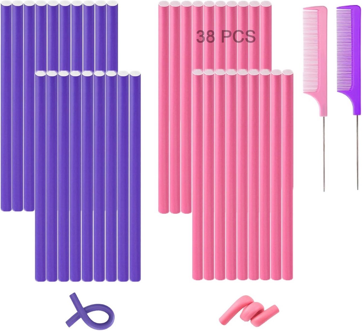 Flexibele Haarrollers - 38 Stuks, Hitteloze Krulstangen van 24 cm voor Mooie Krullen