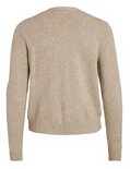 Beige gebreide vest, de achterkant zichtbaar met lange mouwen en geribbelde zoom.