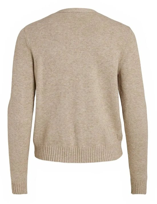 Beige gebreide vest, de achterkant zichtbaar met lange mouwen en geribbelde zoom.
