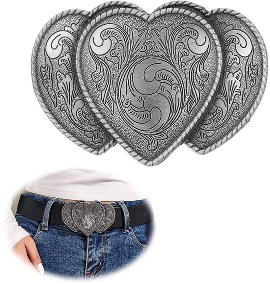 KARZO - Retro Hartvormige Ceintuursluiting, Fijn Gegraveerde Ceintuursluiting, Vintage Patroon Zinklegering Ceintuursluiting, voor Ceinturen van 3,8 tot 4 cm Breed