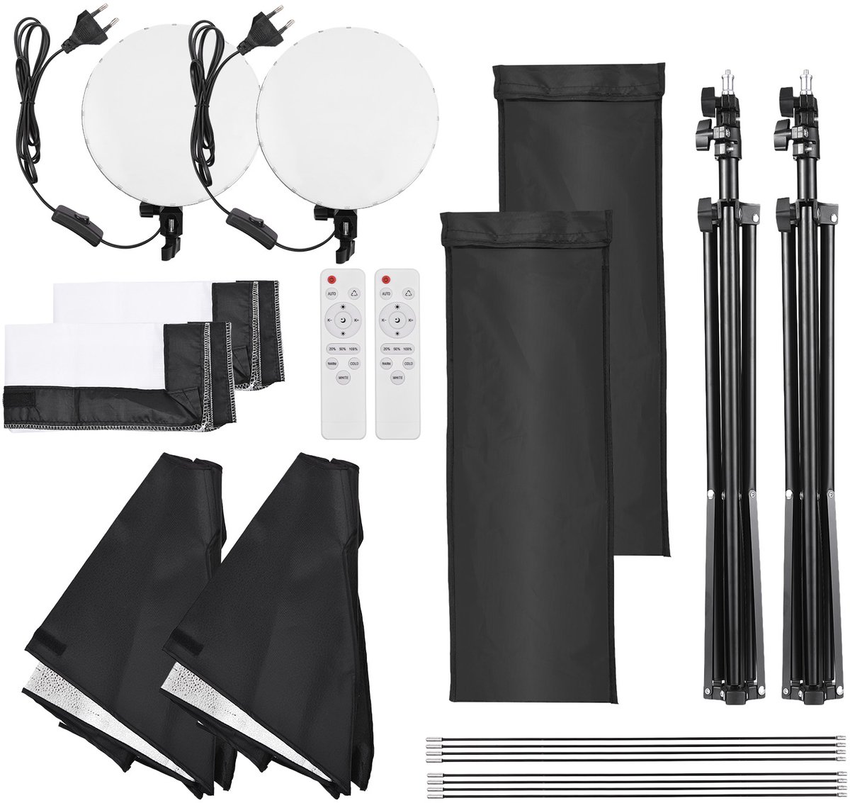 Studiofotografie lichtset Softbox-verlichtingsset met 50x70cm softbox *2 + 80W tweekleurige LED-videolamp *2 + metalen lampstatieven *2 + afstandsbediening *2 voor studioportretproductfotografie